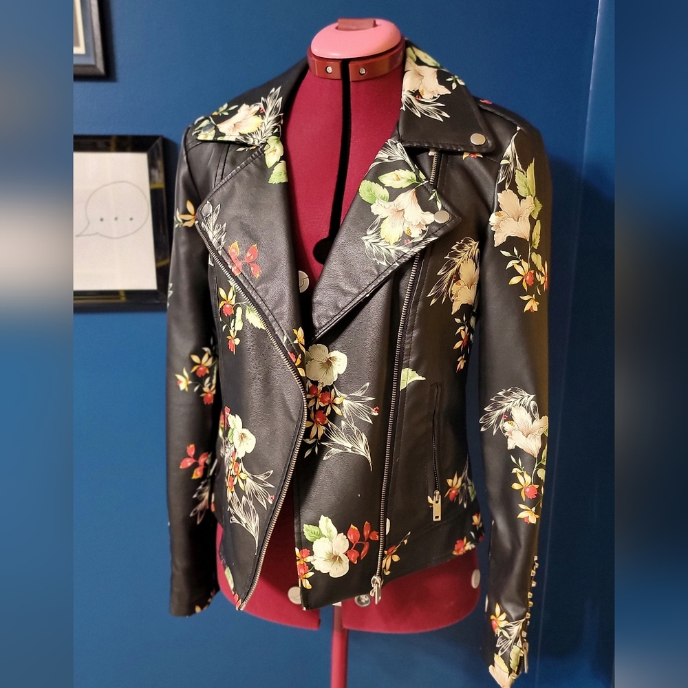 JustFab Black Floral Leather Jacket
